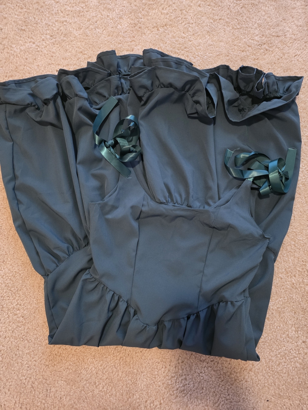 Dark Grewn Ruffled Sundress with Ribbon Straps